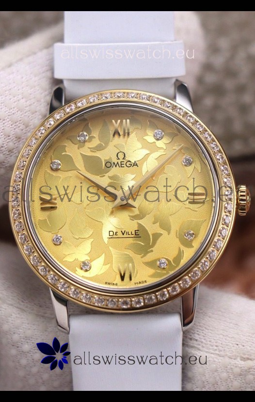 Omega De Ville Floral Dial Swiss Quartz Movement in Two Tone Casing - Gold Dial