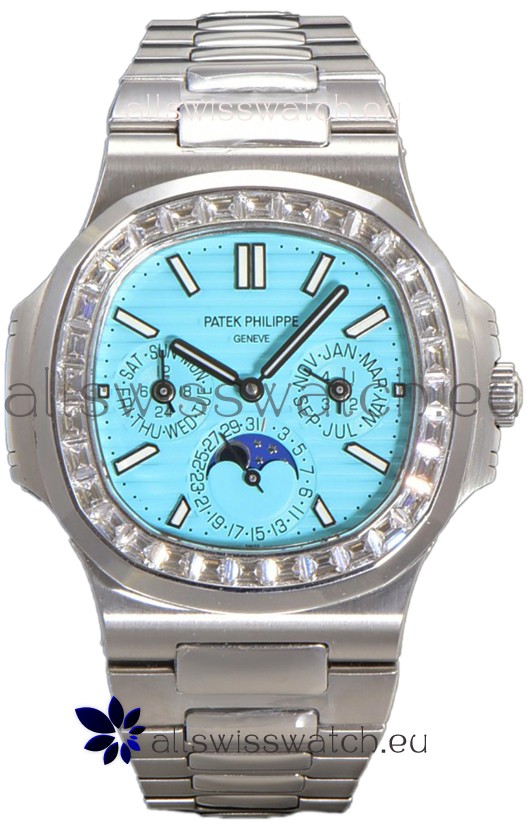 Patek Philippe Nautilus 5740 Perpetual Calendar White Gold Tiffany Dial Diamonds Bezel Swiss Replica Watch 
