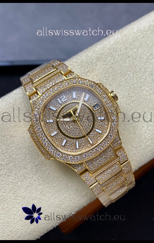 Patek Philippe Nautilus 7010 Diamonds Paved Yellow Gold 32MM 1:1 Mirror Replica - Genuine Diamonds