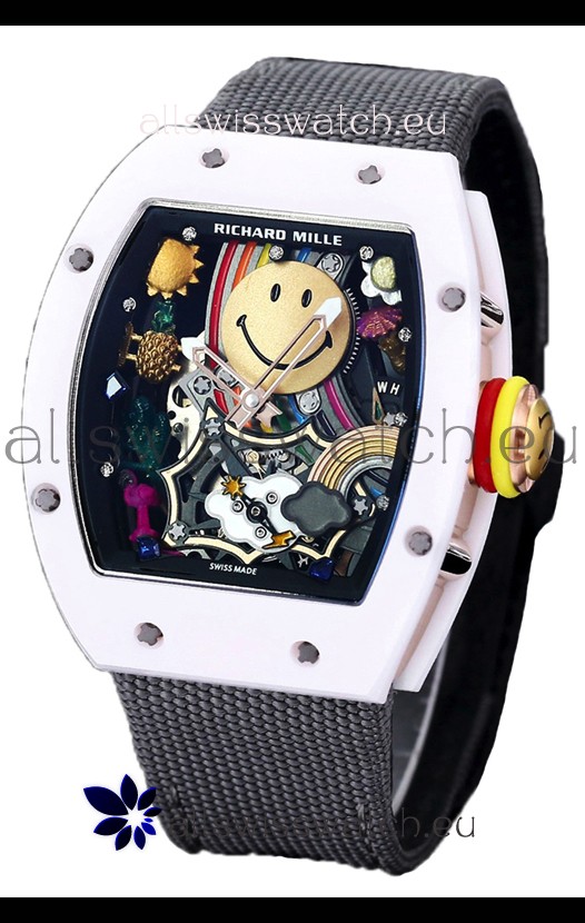 Richard Mille RM088 Smiley Tourbillon White Ceramic Casing Grey Nylon Strap Replica Watch 