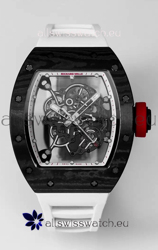 Richard Mille RM055 Black Carbon Casing White Rubber 1:1 Superclone Genuine Tourbillon Watch 