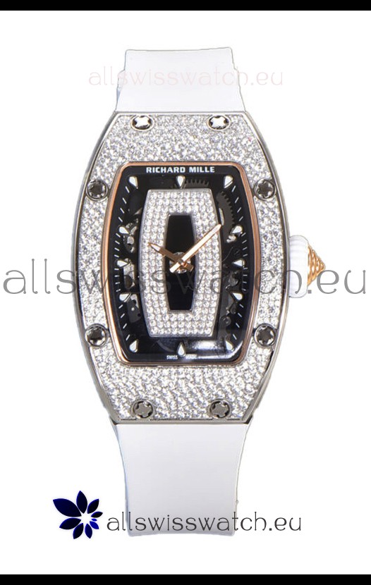 Richard Mille RM007 Diamonds Paved White Strap 904L Steel Superclone Swiss Watch