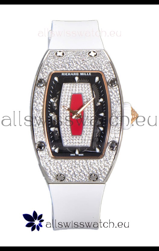 Richard Mille RM007 Diamonds Paved White Strap Red Dial 904L Steel Superclone Swiss Watch