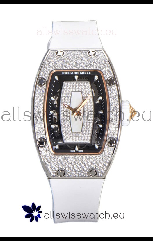 Richard Mille RM007 Diamonds Paved White Strap & Dial 904L Steel Superclone Swiss Watch