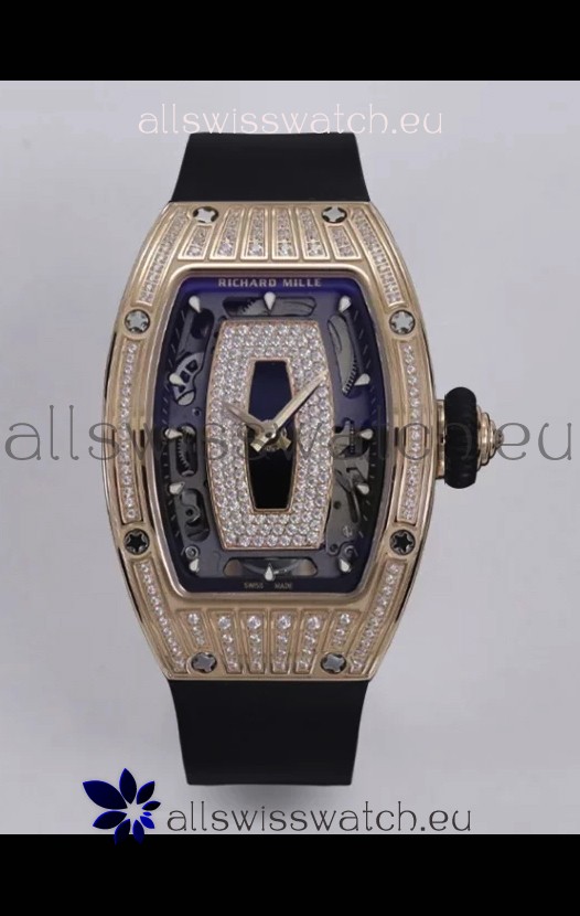 Richard Mille Super Clone RM07-01 Diamonds Paved 904L Rose Gold Casing Automatic Replica Watch