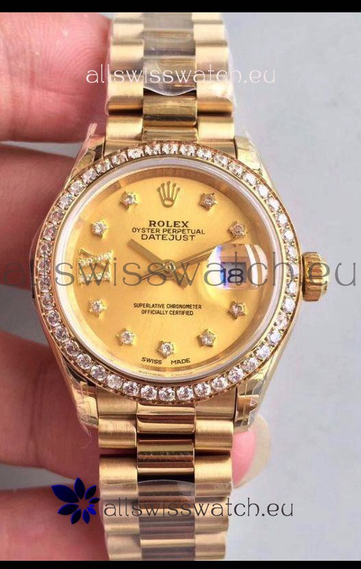 Rolex Datejust Ladies 28MM Cal.3135 Movement Swiss Replica in Gold Dial - 904L Steel Yellow Gold Case