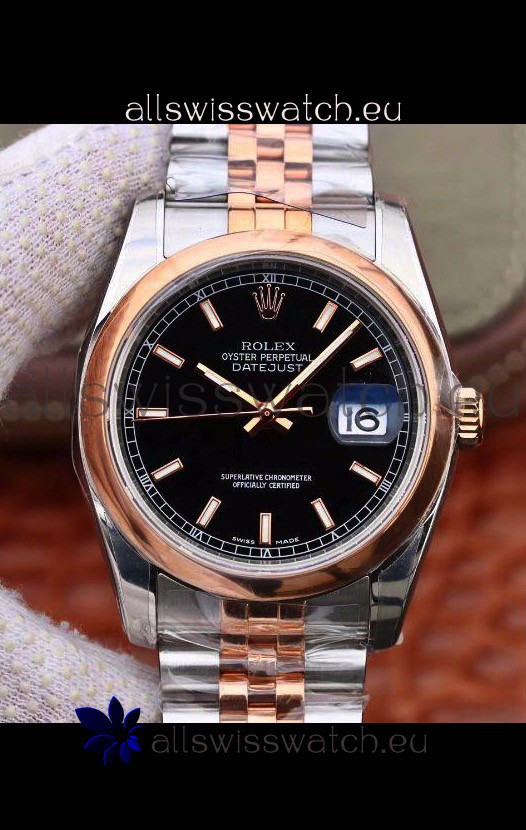 Rolex Datejust 36MM Cal.3135 Movement Swiss Replica Watch in 904L Steel Two Tone Casing Black Dial