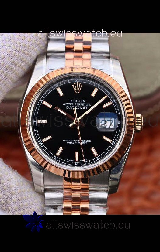 Rolex Datejust 36MM Cal.3135 Movement Swiss Replica Watch in 904L Steel Two Tone Casing Black Dial