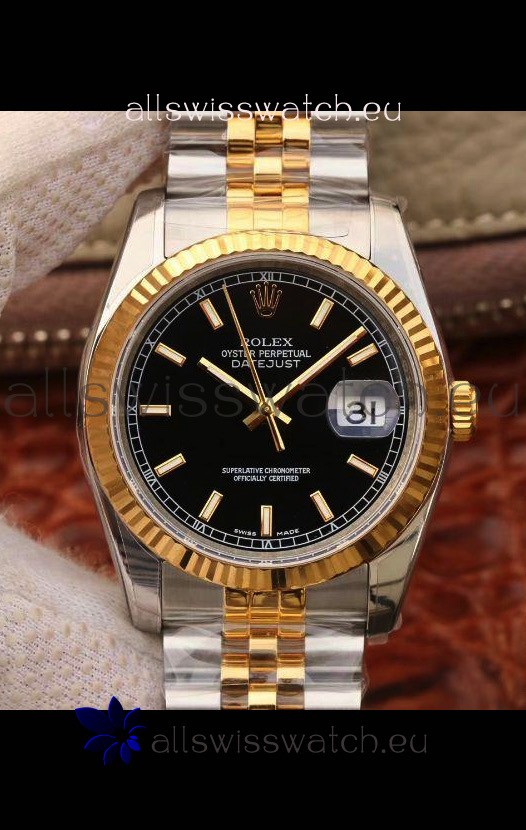 Rolex Datejust 36MM Cal.3135 Movement Swiss Replica Watch in 904L Steel Two Tone Casing Black Dial