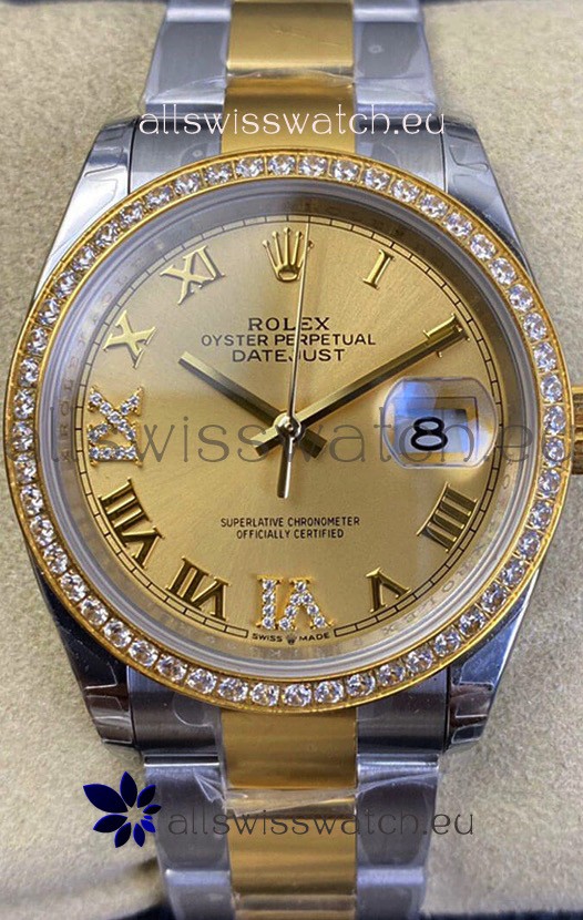 Rolex Datejust 36MM Cal.3135 Movement Swiss Replica Watch in 904L Steel Two Tone Casing Gold Dial