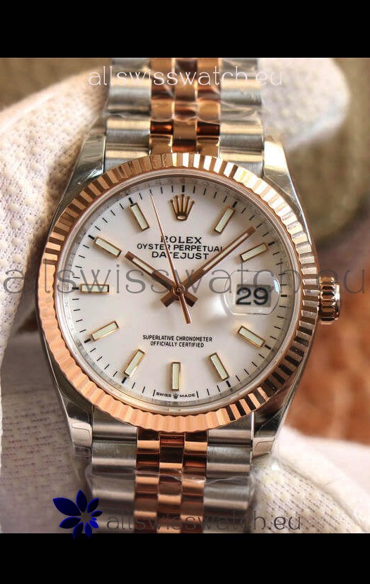 Rolex Datejust 36MM Cal.3135 Movement Swiss Replica Watch in 904L Steel Two Tone Casing White Dial