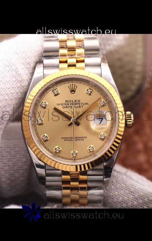 Rolex Datejust 36MM Cal.3135 Movement Swiss Replica Watch in 904L Steel Two Tone Casing Gold Dial