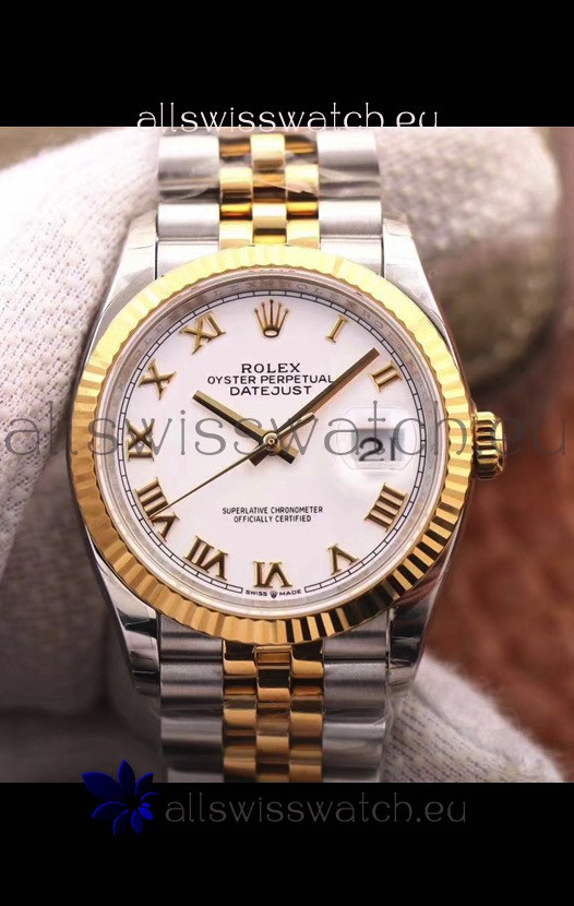 Rolex Datejust 36MM Cal.3135 Movement Swiss Replica Watch in 904L Steel Two Tone Casing White Dial