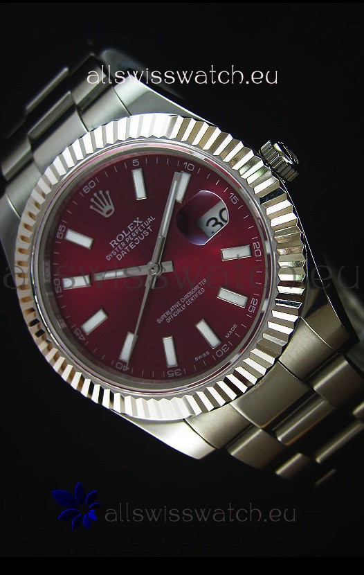 Rolex Datejust Japanese Replica Watch - Maroon Dial in 41MM with Oyster Strap