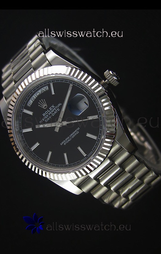 Rolex Day Date Japanese Replica Watch - Black Dial in Steel Casing - 40MM