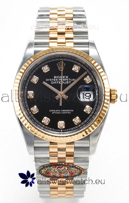 Rolex Super Clone Datejust ETA 3235 Movement 36MM Two Tone Rose Gold Swiss Black Dial Watch