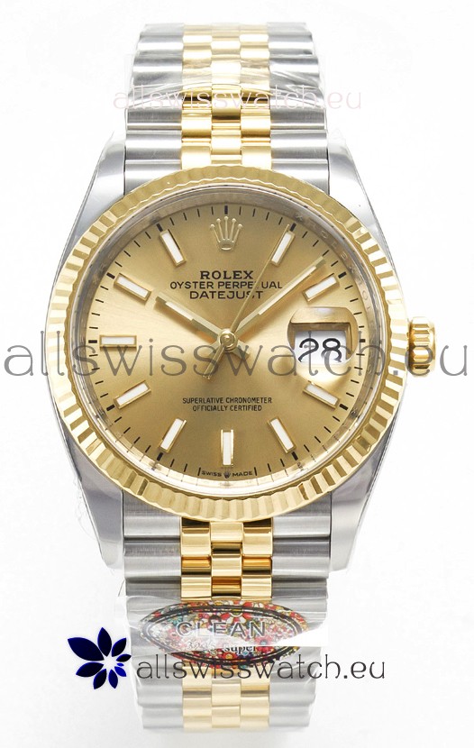 Rolex Super Clone Datejust ETA 3235 Movement 36MM Two Tone Yellow Gold Swiss Gold Dial