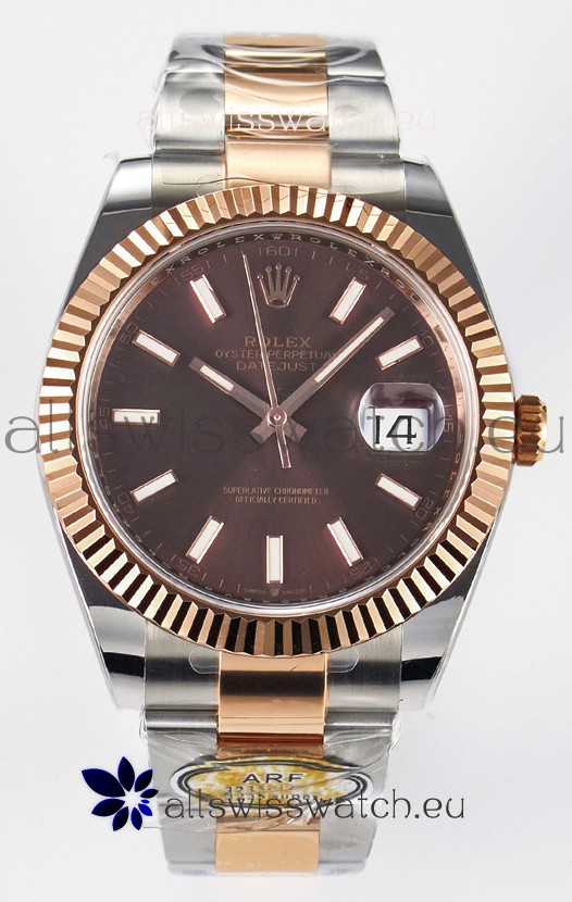 Rolex Super Clone Datejust ETA 3235 Movement 41MM Two Tone Rose Gold Plating Brown Dial Watch