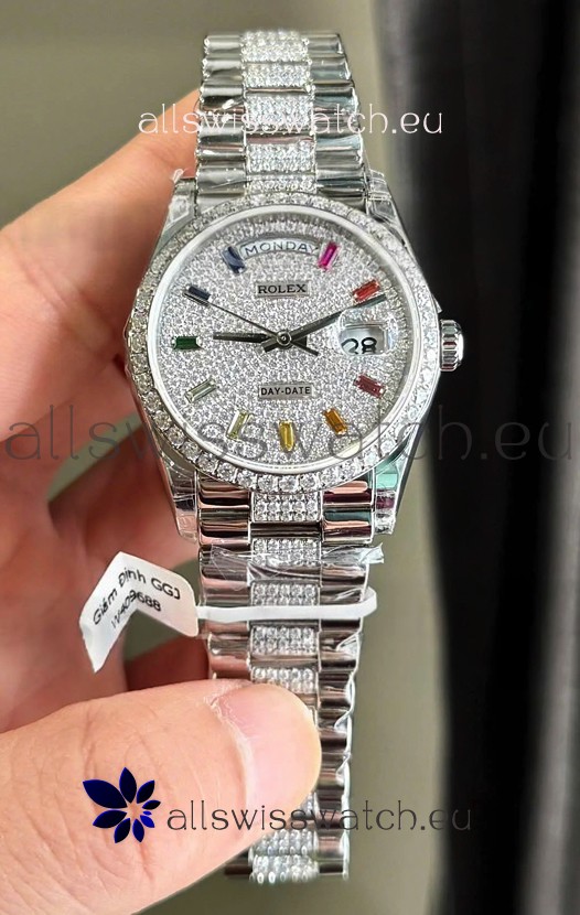 Rolex Day Date Super Clone White Gold Plated Custom Modified Diamonds Paved Watch 