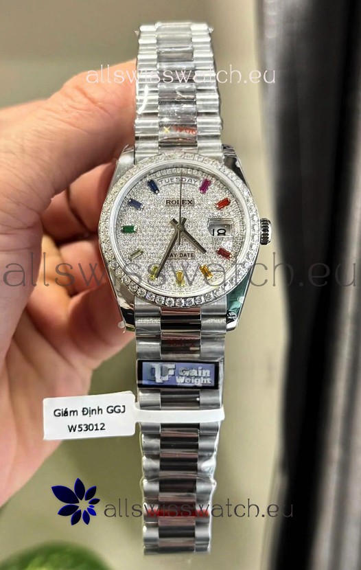 Rolex Day Date Super Clone White Gold Plated Custom Modified Diamonds Paved Watch 