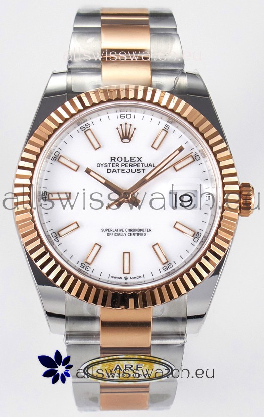 Rolex Super Clone Datejust ETA 3235 Movement 41MM Two Tone Rose Gold Plating White Dial Watch