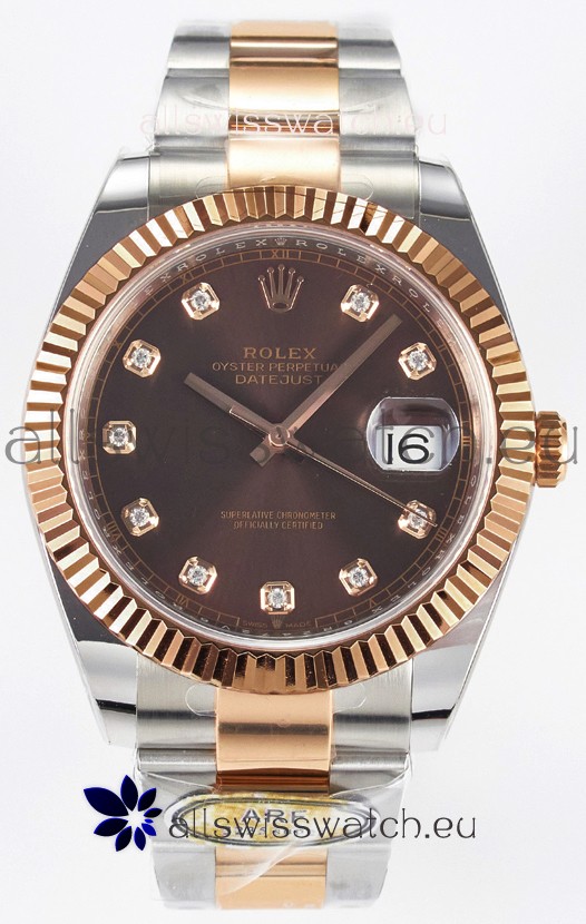 Rolex Super Clone Datejust ETA 3235 Movement 41MM Two Tone Rose Gold Plating Brown Dial Watch