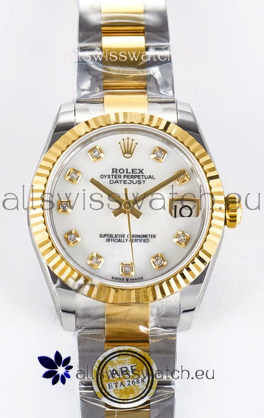 Rolex Super Clone Datejust ETA 2688 Movement 31MM Two Tone Yellow Gold Swiss Pearl Dial