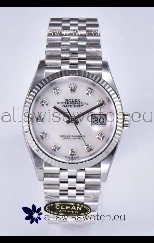 Rolex Datejust 126234 36MM Swiss Replica in 904L Steel in White Pearl Dial 1:1 Mirror Replica