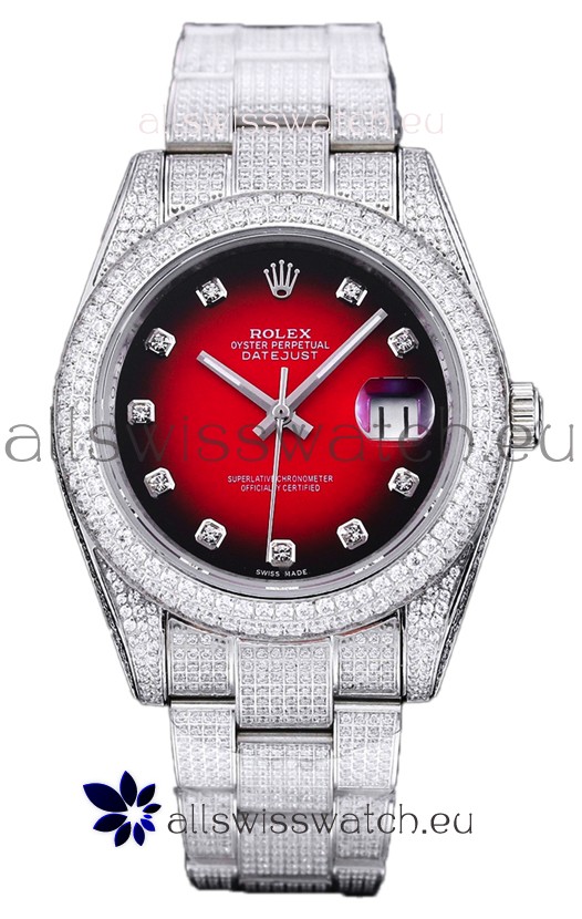 Rolex Datejust 41MM Swiss Replica - Iced Out Edition in Red Dial 