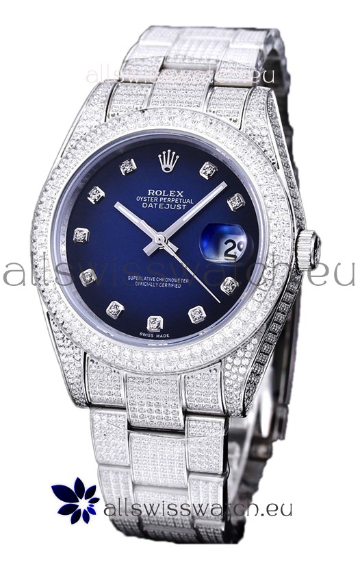 Rolex Datejust 41MM Swiss Replica - Iced Out Edition in Blue Dial 