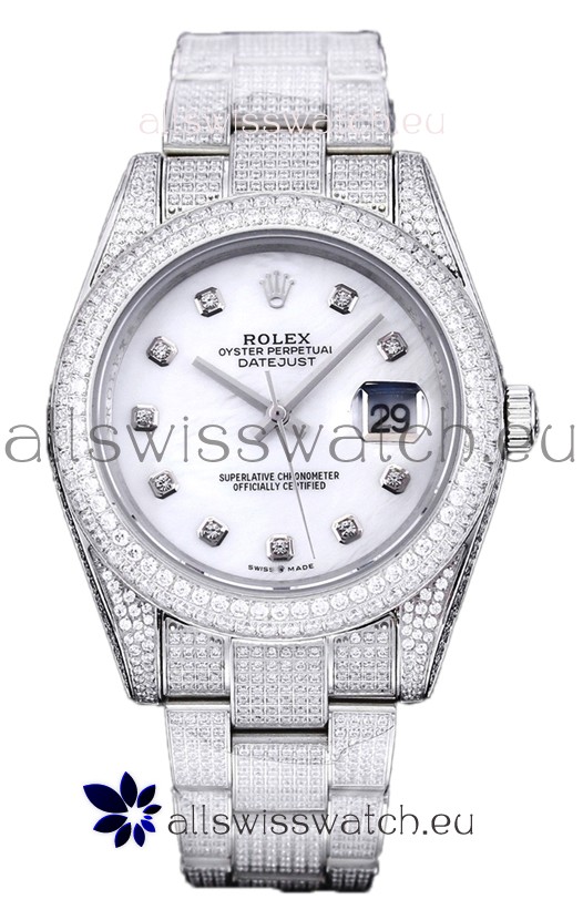 Rolex Datejust 41MM Swiss Replica - Iced Out Edition in White Pearl Dial