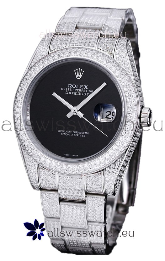 Rolex Datejust 41MM Swiss Replica - Iced Out Edition in Black Dial 