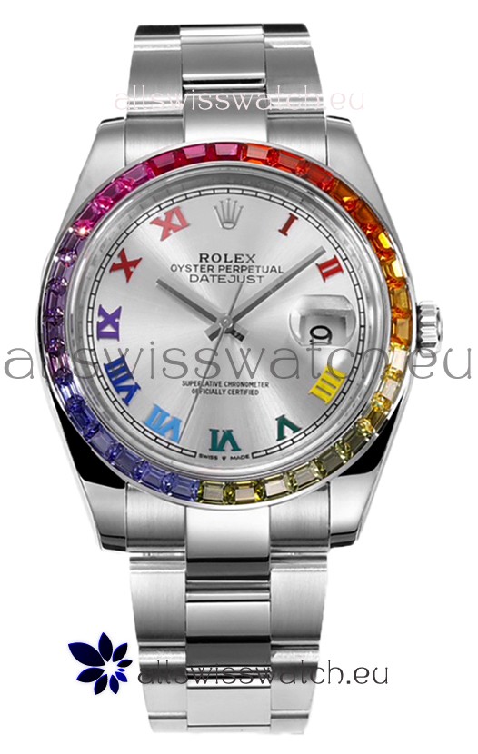 Rolex Datejust 41MM Swiss Replica Watch - 904L Steel in Rainbow Bezel 
