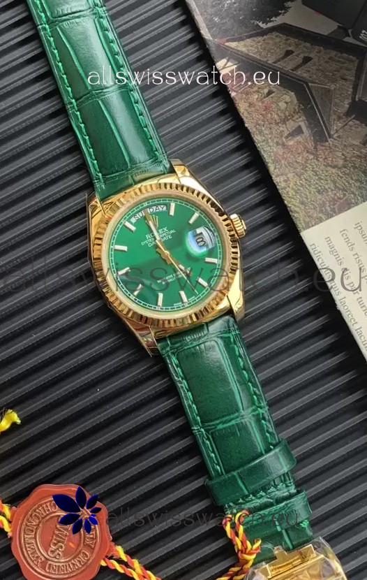 Rolex Day Date Yellow Gold Casing Watch in Green Strap 36MM - 1:1 Mirror Quality 