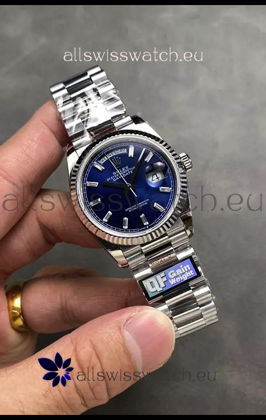 Rolex Day Date Super Clone Stainless Steel Blue Dial Crystal Numerals Watch 36MM - 1:1 Mirror Quality