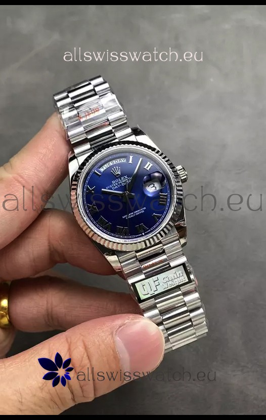 Rolex Day Date Super Clone Stainless Steel Blue Dial Small Roman Numerals Watch 36MM - 1:1 Mirror Quality
