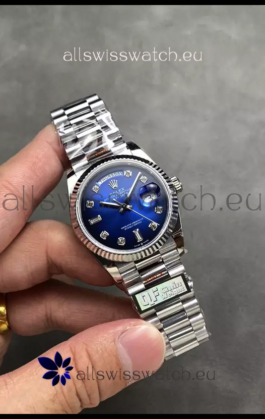 Rolex Day Date Super Clone Stainless Steel Blue Dial Diamonds Numerals Watch 36MM - 1:1 Mirror Quality
