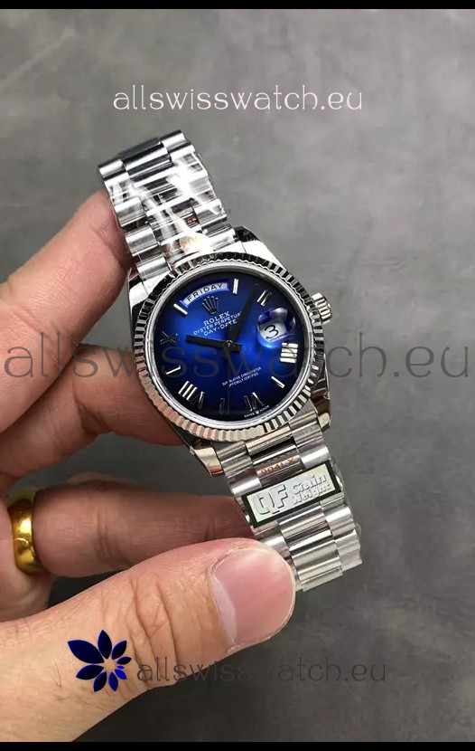 Rolex Day Date Super Clone Stainless Steel Blue Dial Large Roman Numerals Watch 36MM - 1:1 Mirror Quality