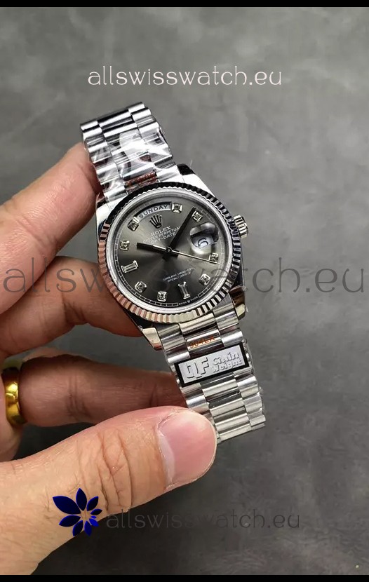 Rolex Day Date Super Clone Stainless Steel Grey Dial Diamonds Numerals Watch 36MM - 1:1 Mirror Quality