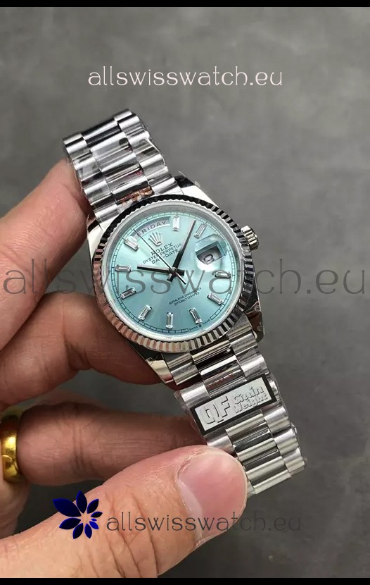 Rolex Day Date Super Clone Stainless Steel Ice Blue Dial Crystal Numerals Watch 36MM - 1:1 Mirror Quality
