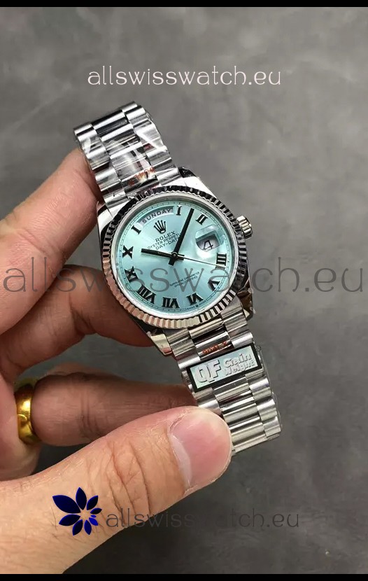 Rolex Day Date Super Clone Stainless Steel Ice Blue Dial Roman Numerals Watch 36MM - 1:1 Mirror Quality