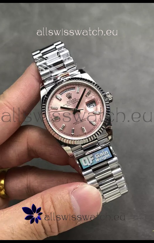 Rolex Day Date Super Clone Stainless Steel Pink Dial Crystal Numerals Watch 36MM - 1:1 Mirror Quality