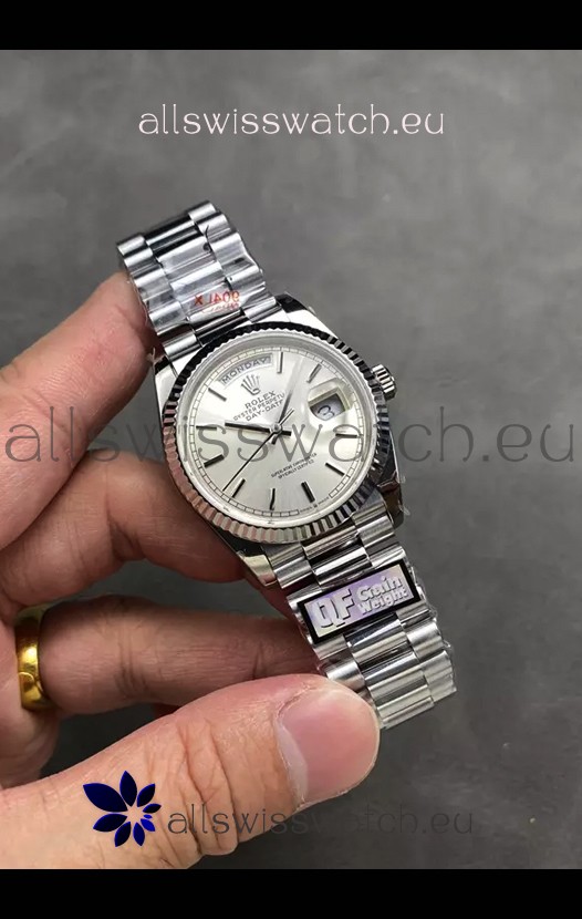 Rolex Day Date Super Clone Stainless Steel Silver Dial Steel Numerals Watch 36MM - 1:1 Mirror Quality