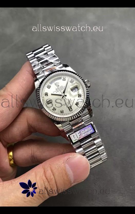 Rolex Day Date Super Clone Stainless Steel Silver Dial Diamonds Numerals Watch 36MM - 1:1 Mirror Quality