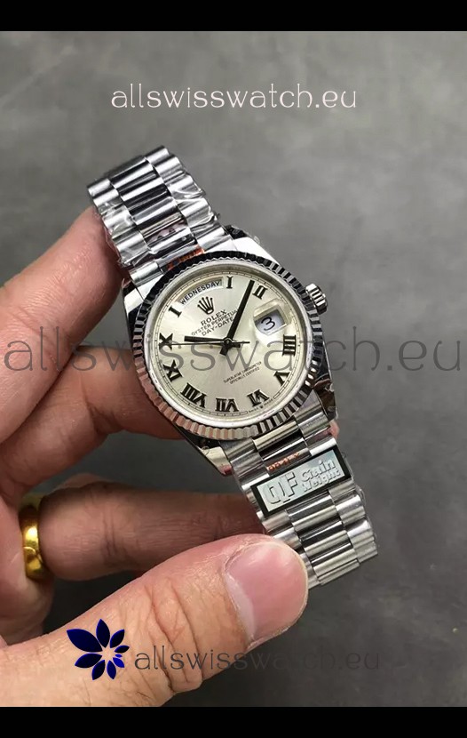 Rolex Day Date Super Clone Stainless Steel Silver Dial Roman Numerals Watch 36MM - 1:1 Mirror Quality
