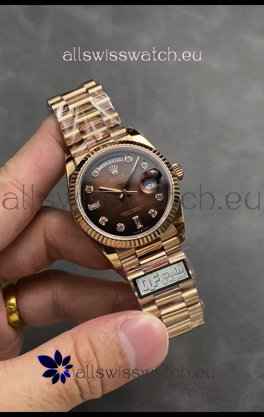 Rolex Day Date Super Clone Rose Gold Brown Dial Diamonds Numerals Watch 36MM - 1:1 Mirror Quality