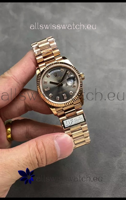 Rolex Day Date Super Clone Rose Gold Grey Dial Diamonds Numerals Watch 36MM - 1:1 Mirror Quality
