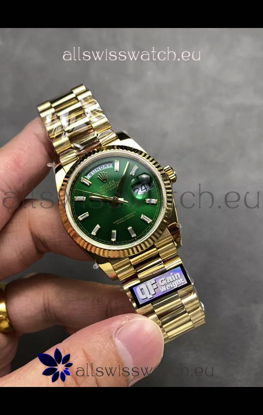 Rolex Day Date Super Clone Yellow Gold Green Dial Crystal Numerals Watch 36MM - 1:1 Mirror Quality