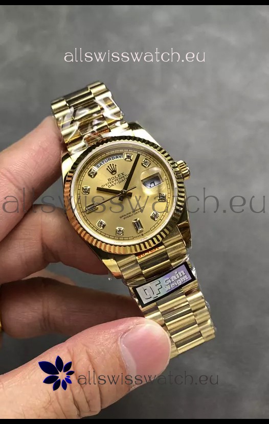 Rolex Day Date Super Clone Yellow Gold Casing and Dial Diamonds Numerals Watch 36MM - 1:1 Mirror Quality