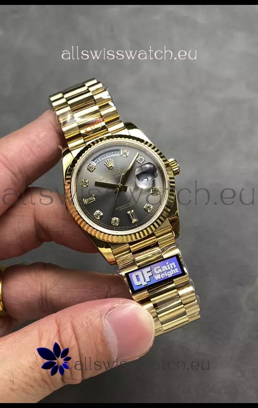 Rolex Day Date Super Clone Yellow Gold Grey Dial Diamonds Numerals Watch 36MM - 1:1 Mirror Quality